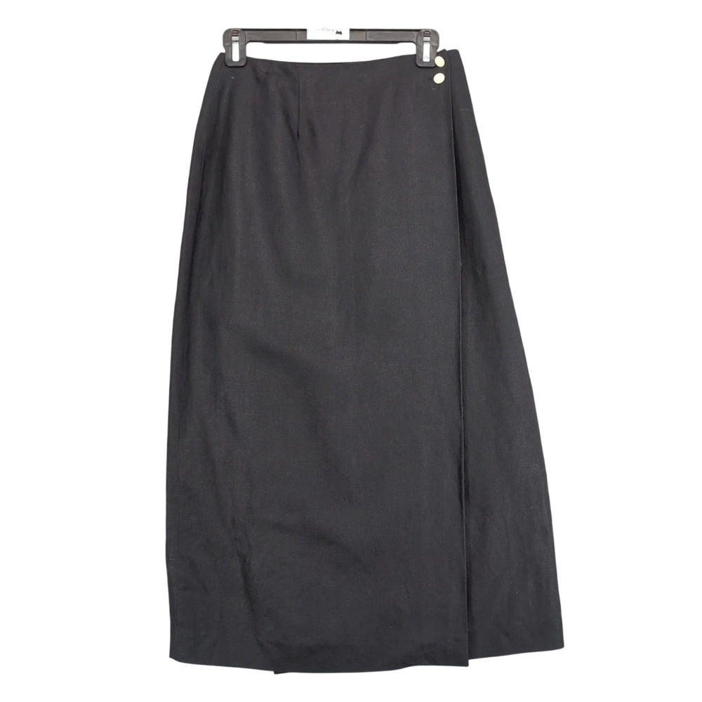 Stephanie Andrews Black Wrap Straight Midi Skirt Sz 8P Linen Rayon Academia 90s